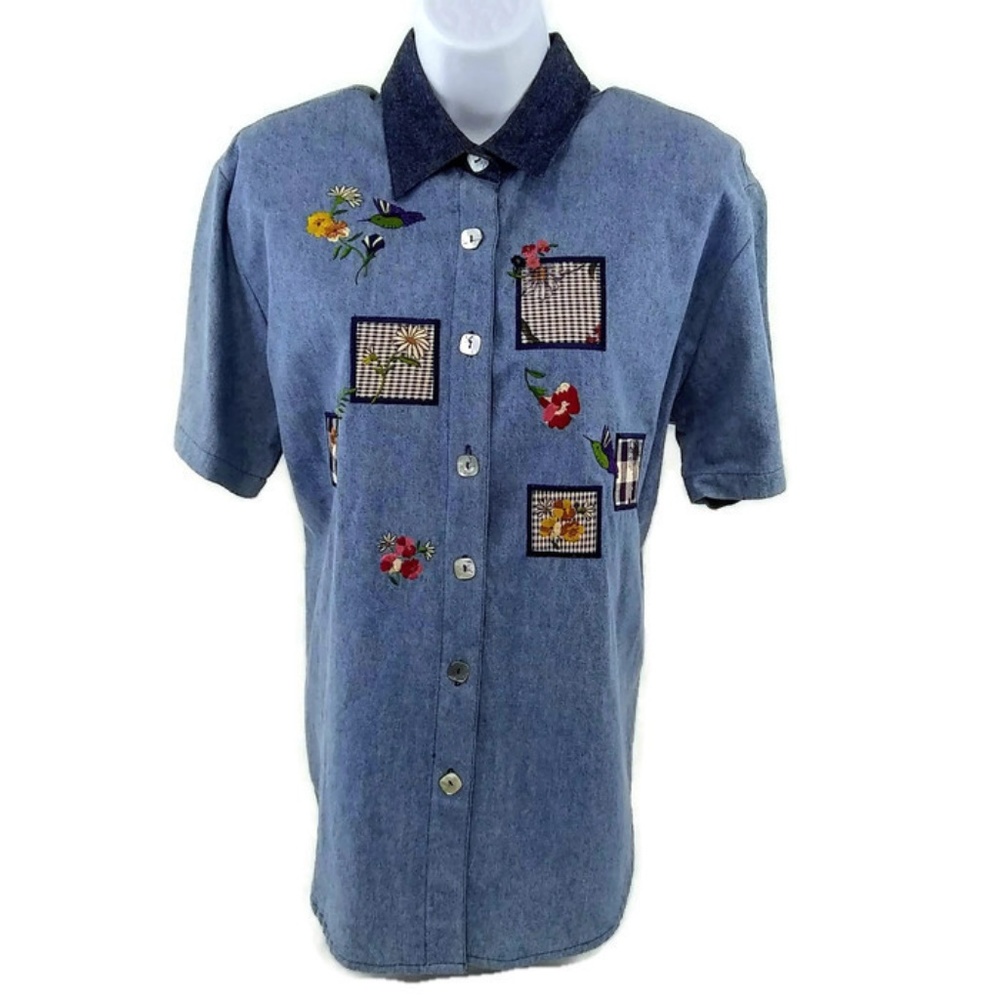 Teddi Women's Denim Patchwork Button Up Shirt Small Short Sleeve Top Blue